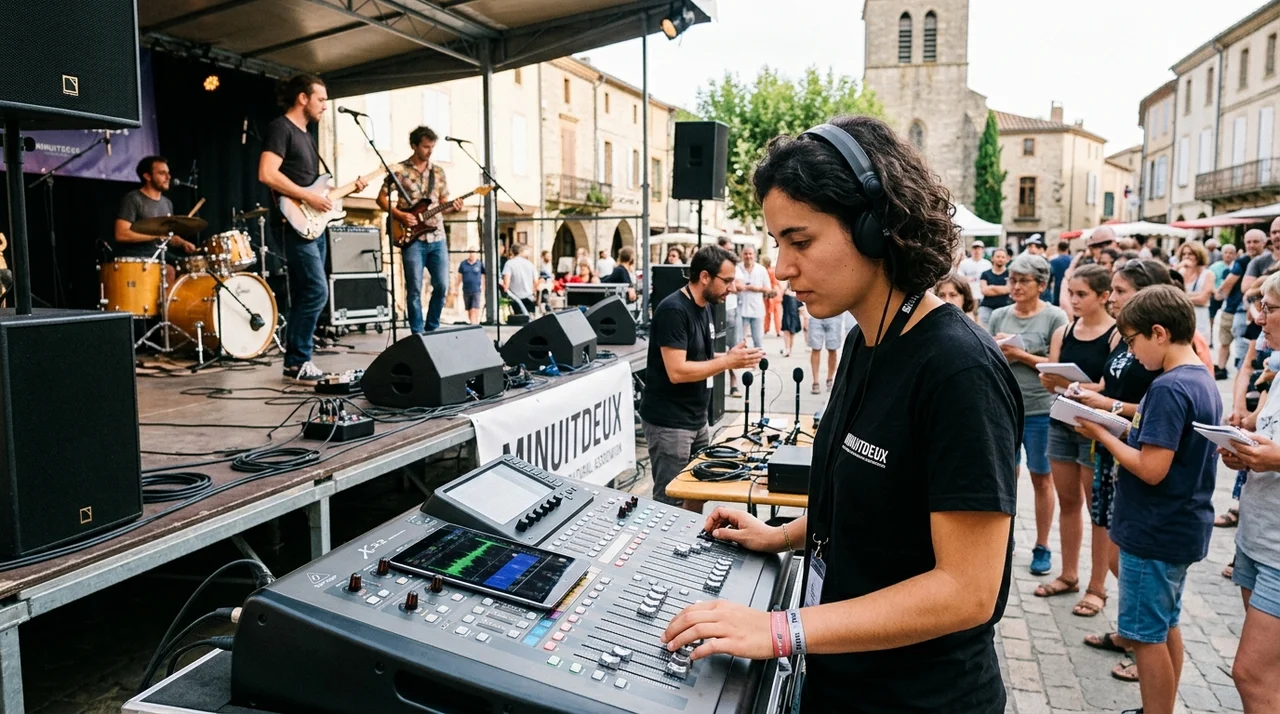 Équipe technique de MINUITDEUX en cours de balance acoustique sur site extérieur