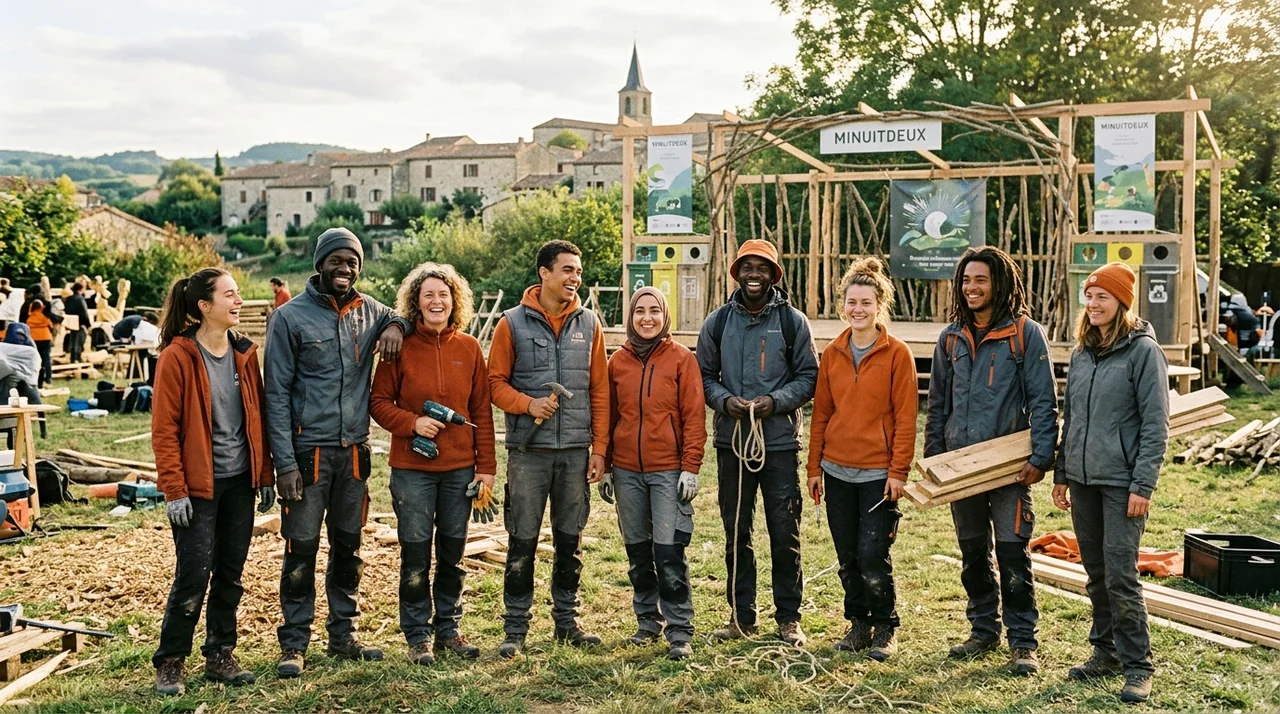 Groupe de bénévoles de MINUITDEUX préparant le terrain pour un atelier